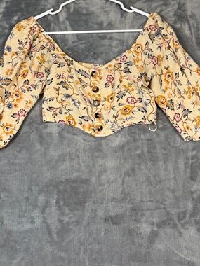 Billabong Floral Crop Top Puff Sleeve Button Front Boho Cottagecore M
